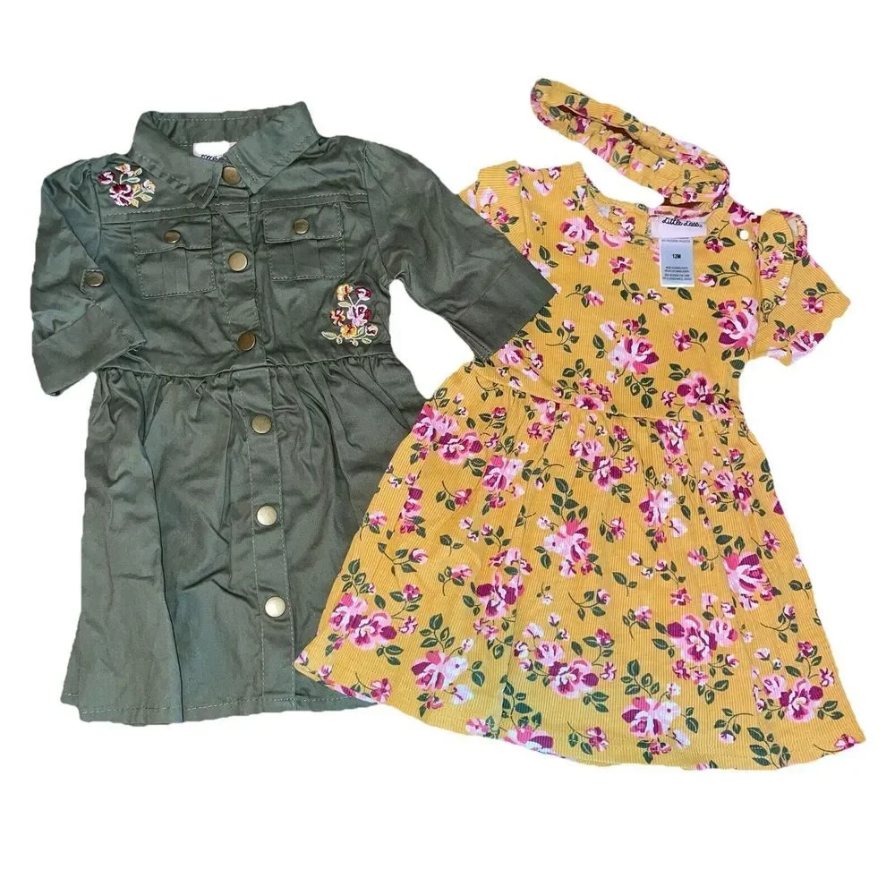 NWOT 2 Little Lass Dresses 1)Green w/ Embroidery 2) Yellow/Pink Floral Sz 12 mon
